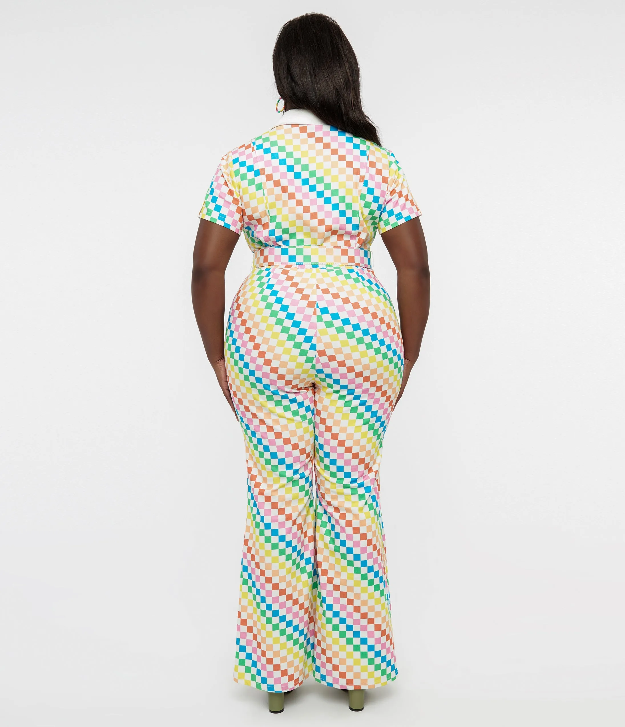 Smak Parlour Plus Size 1970s Rainbow Check Flare Jumpsuit