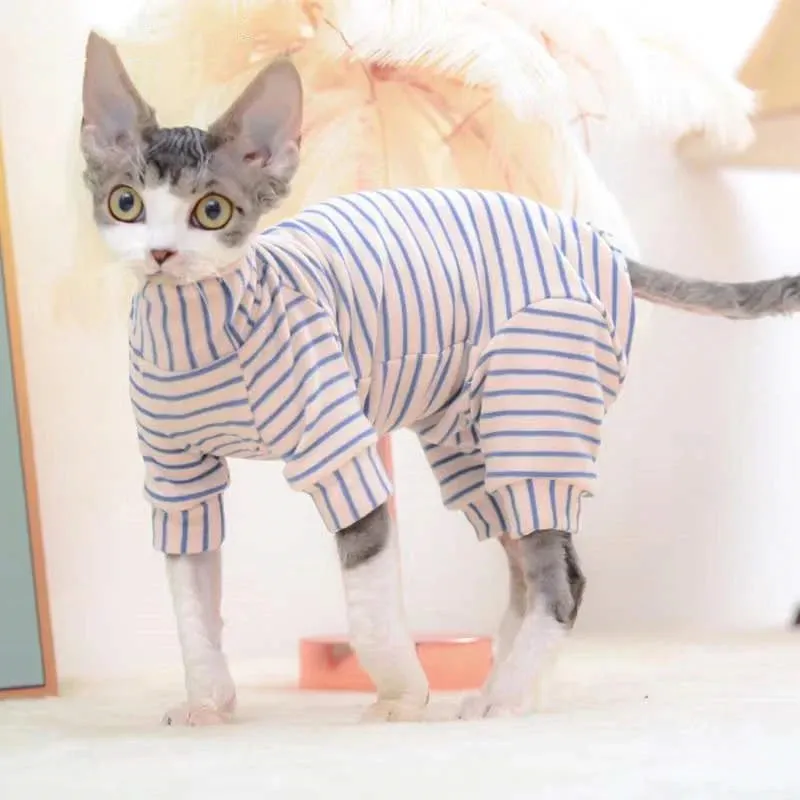 Sphynx Cat Thicken Jumpsuit | Striped Hoodies for Sphinx, DevonRex | Warm Costume for Kittens | Spring, Autumn & Winter Wear