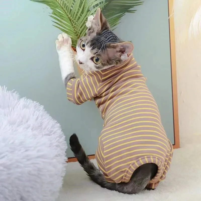 Sphynx Cat Thicken Jumpsuit | Striped Hoodies for Sphinx, DevonRex | Warm Costume for Kittens | Spring, Autumn & Winter Wear