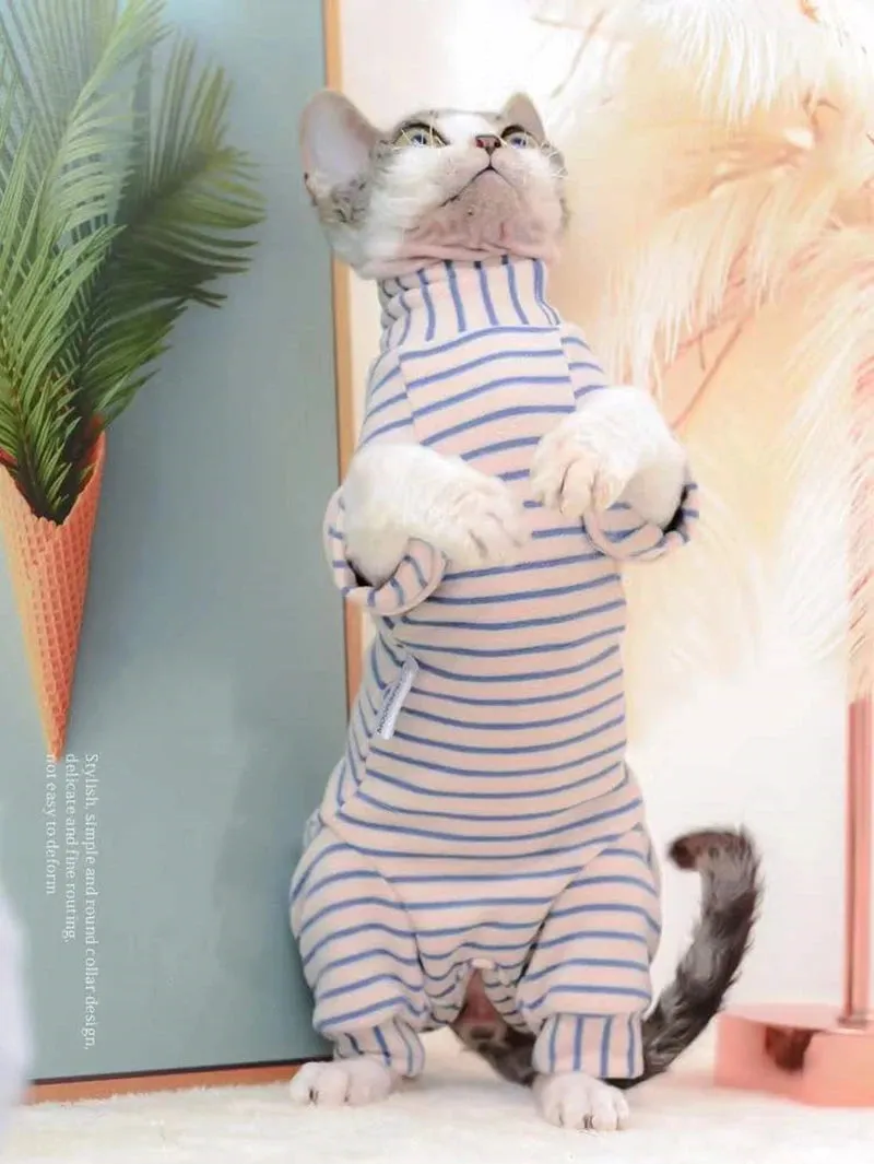Sphynx Cat Thicken Jumpsuit | Striped Hoodies for Sphinx, DevonRex | Warm Costume for Kittens | Spring, Autumn & Winter Wear