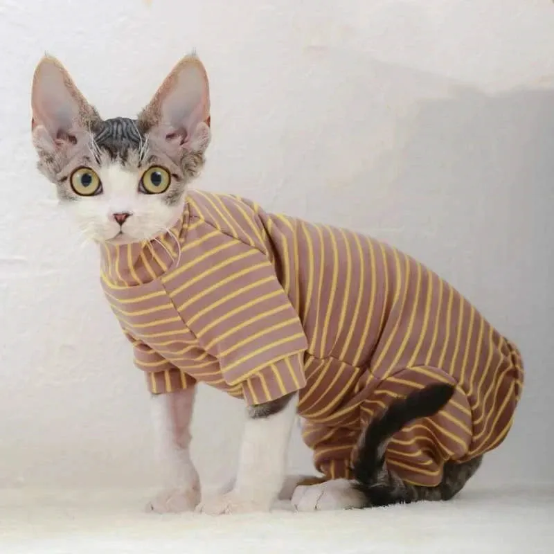 Sphynx Cat Thicken Jumpsuit | Striped Hoodies for Sphinx, DevonRex | Warm Costume for Kittens | Spring, Autumn & Winter Wear