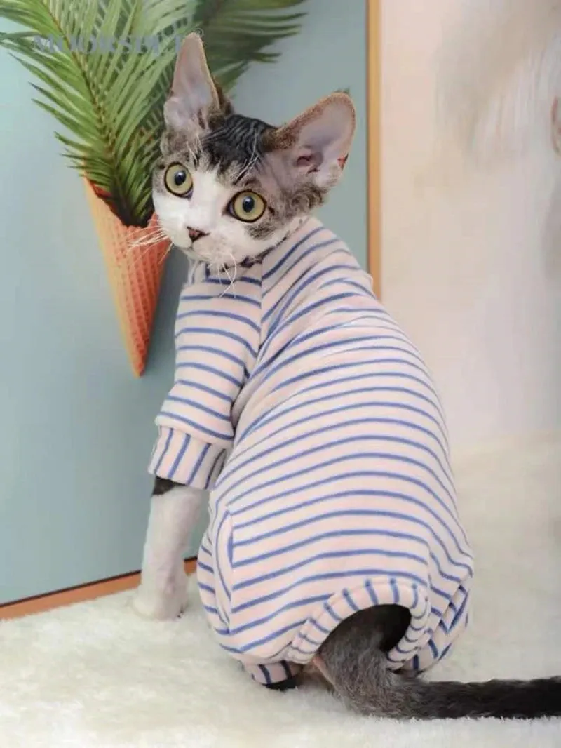 Sphynx Cat Thicken Jumpsuit | Striped Hoodies for Sphinx, DevonRex | Warm Costume for Kittens | Spring, Autumn & Winter Wear