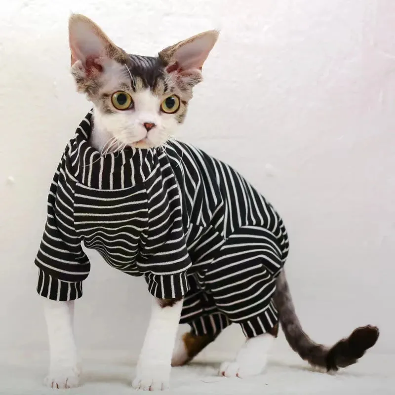 Sphynx Cat Thicken Jumpsuit | Striped Hoodies for Sphinx, DevonRex | Warm Costume for Kittens | Spring, Autumn & Winter Wear