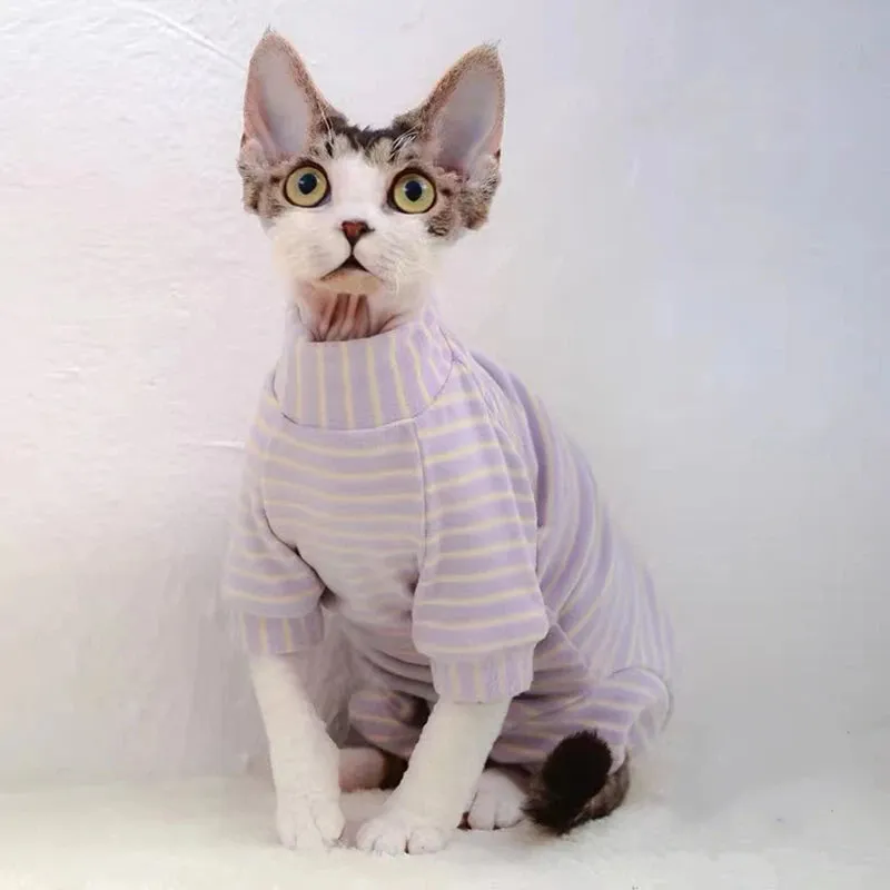 Sphynx Cat Thicken Jumpsuit | Striped Hoodies for Sphinx, DevonRex | Warm Costume for Kittens | Spring, Autumn & Winter Wear