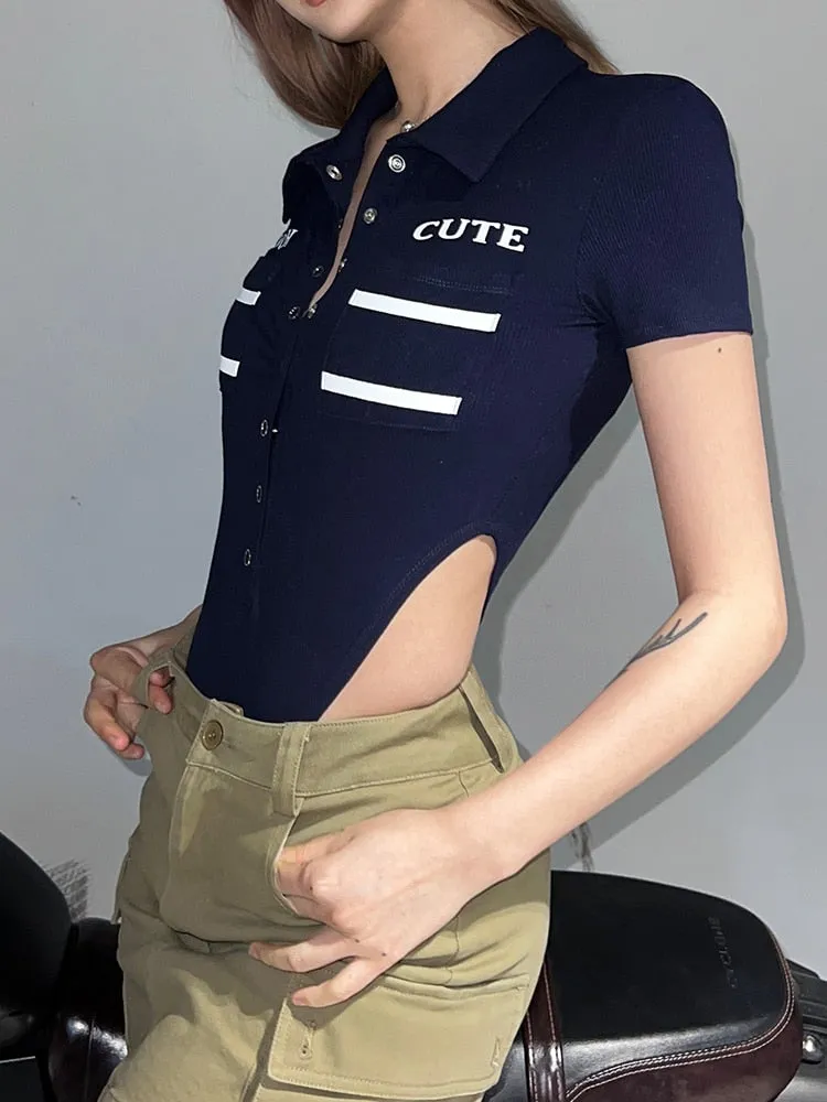 Stripe Buttons Up turn-Down Collar Bodysuit