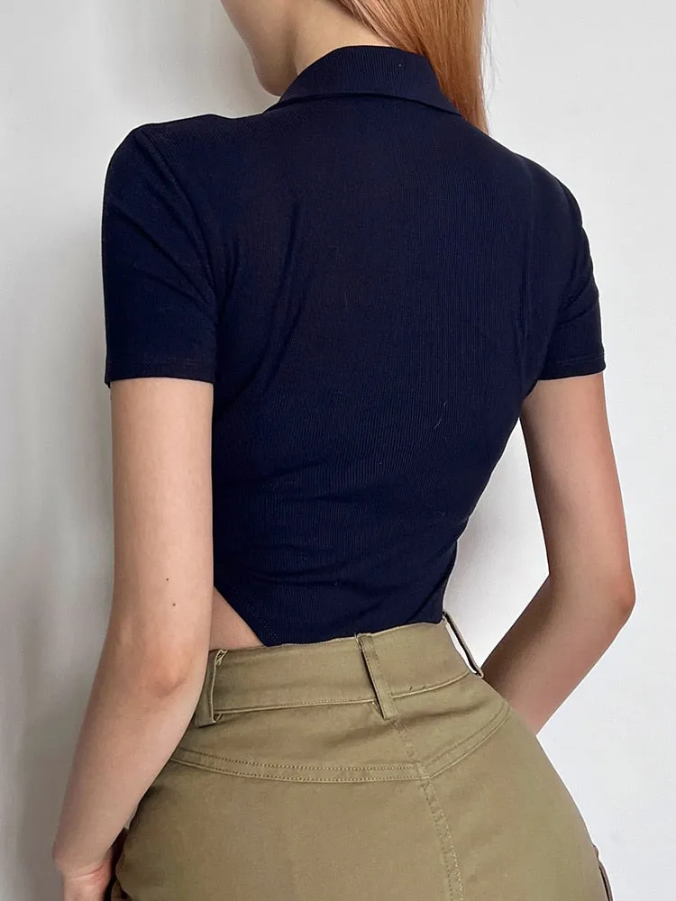Stripe Buttons Up turn-Down Collar Bodysuit