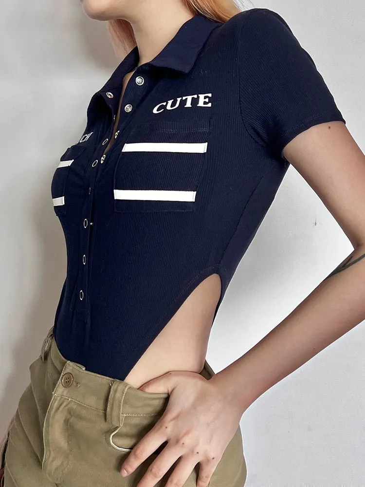 Stripe Buttons Up turn-Down Collar Bodysuit