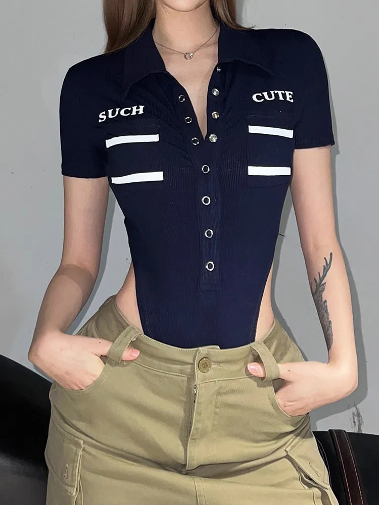 Stripe Buttons Up turn-Down Collar Bodysuit