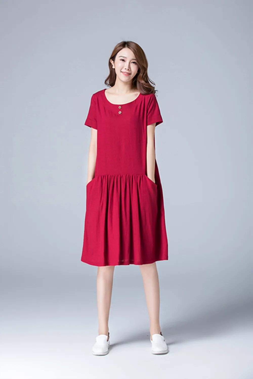 summer red tunic linen dress with pockets 1784