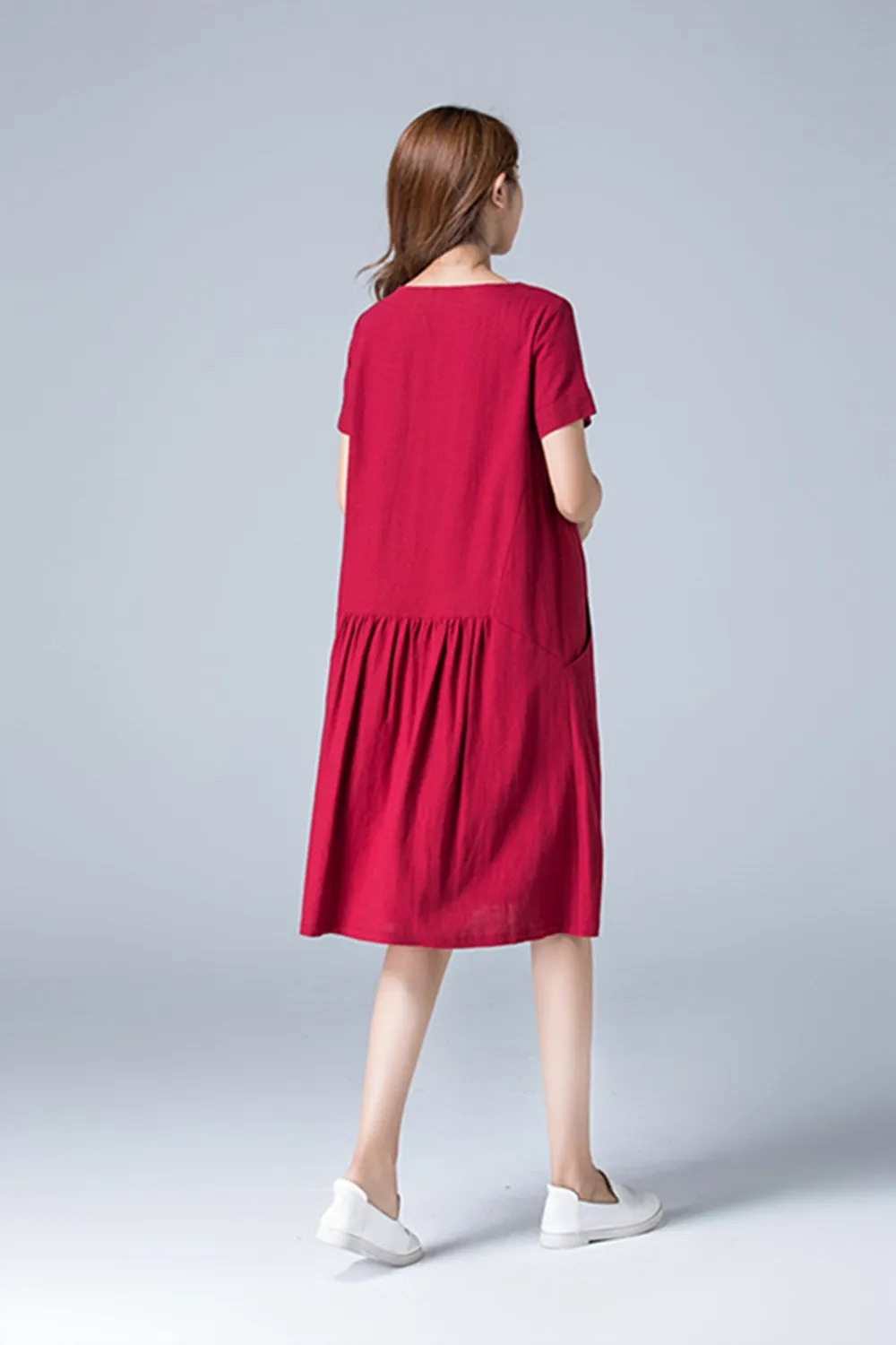 summer red tunic linen dress with pockets 1784