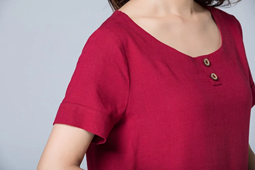 summer red tunic linen dress with pockets 1784