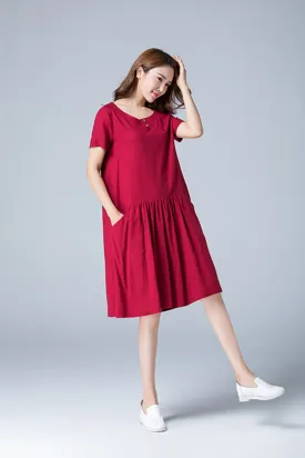 summer red tunic linen dress with pockets 1784