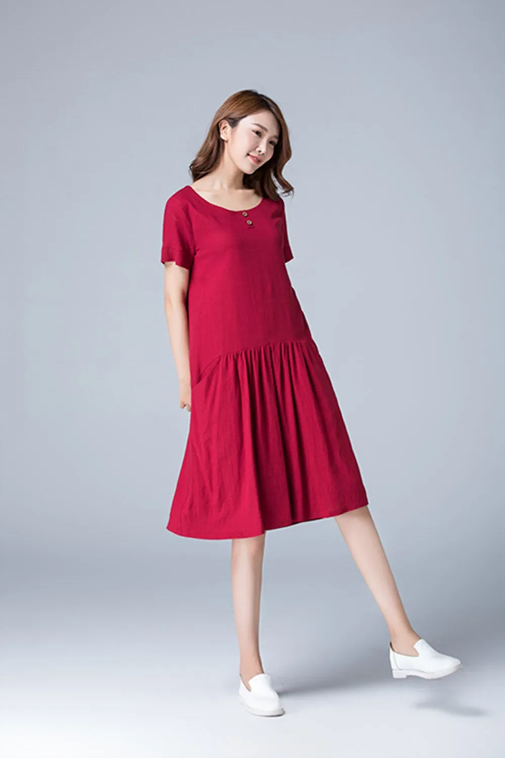 summer red tunic linen dress with pockets 1784