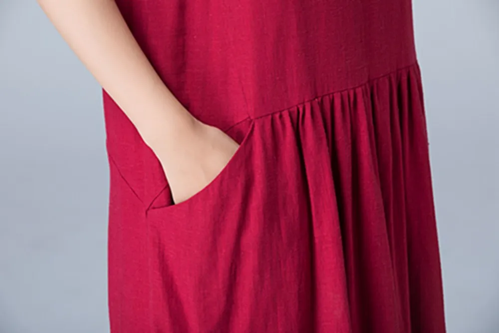 summer red tunic linen dress with pockets 1784