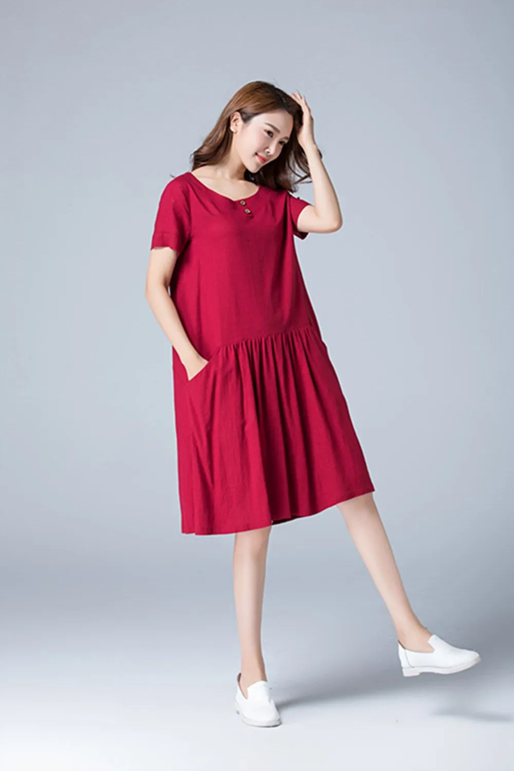 summer red tunic linen dress with pockets 1784