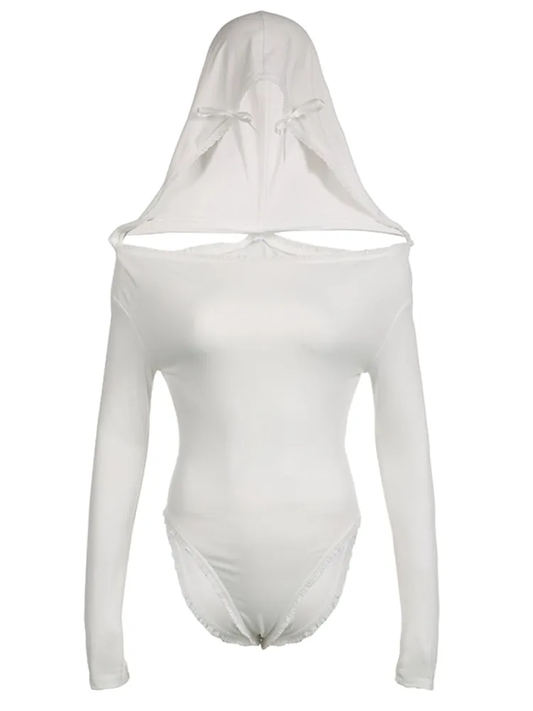 Vintage Slim Lace Patchwork Hooded Bodysuit