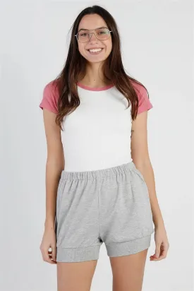 White & Pink Ribbed Colorblock Short Sleeve Bodysuit /3-2-1