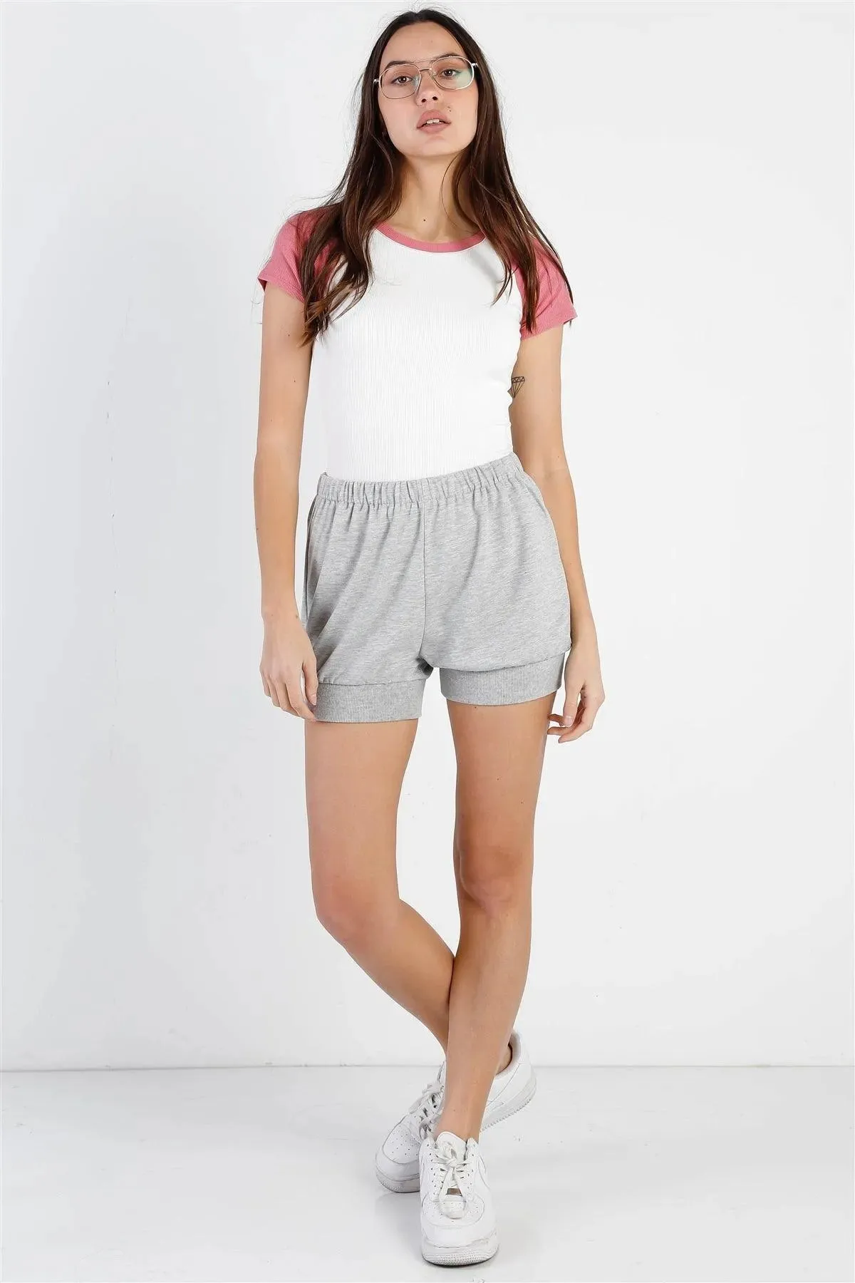 White & Pink Ribbed Colorblock Short Sleeve Bodysuit /3-2-1