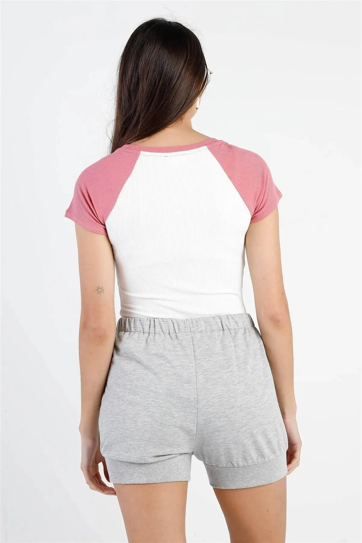 White & Pink Ribbed Colorblock Short Sleeve Bodysuit /3-2-1