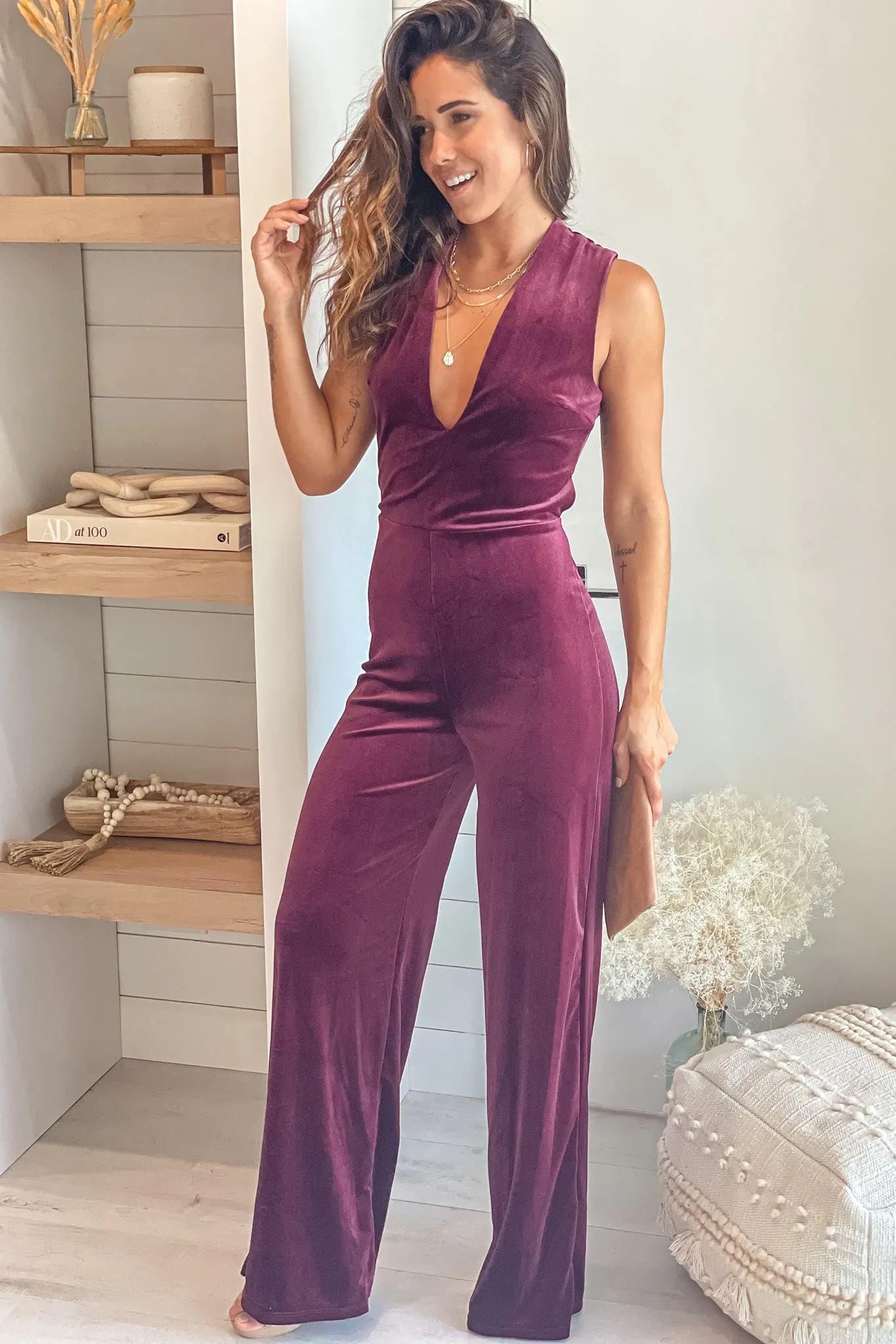 Wine Velvet Criss Cross Back Jumpsuit