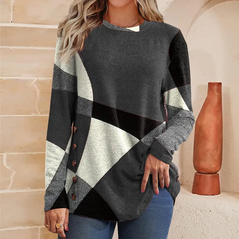 Women's Button Geometric Contrast Color Long-sleeved Printed Loose T-shirt