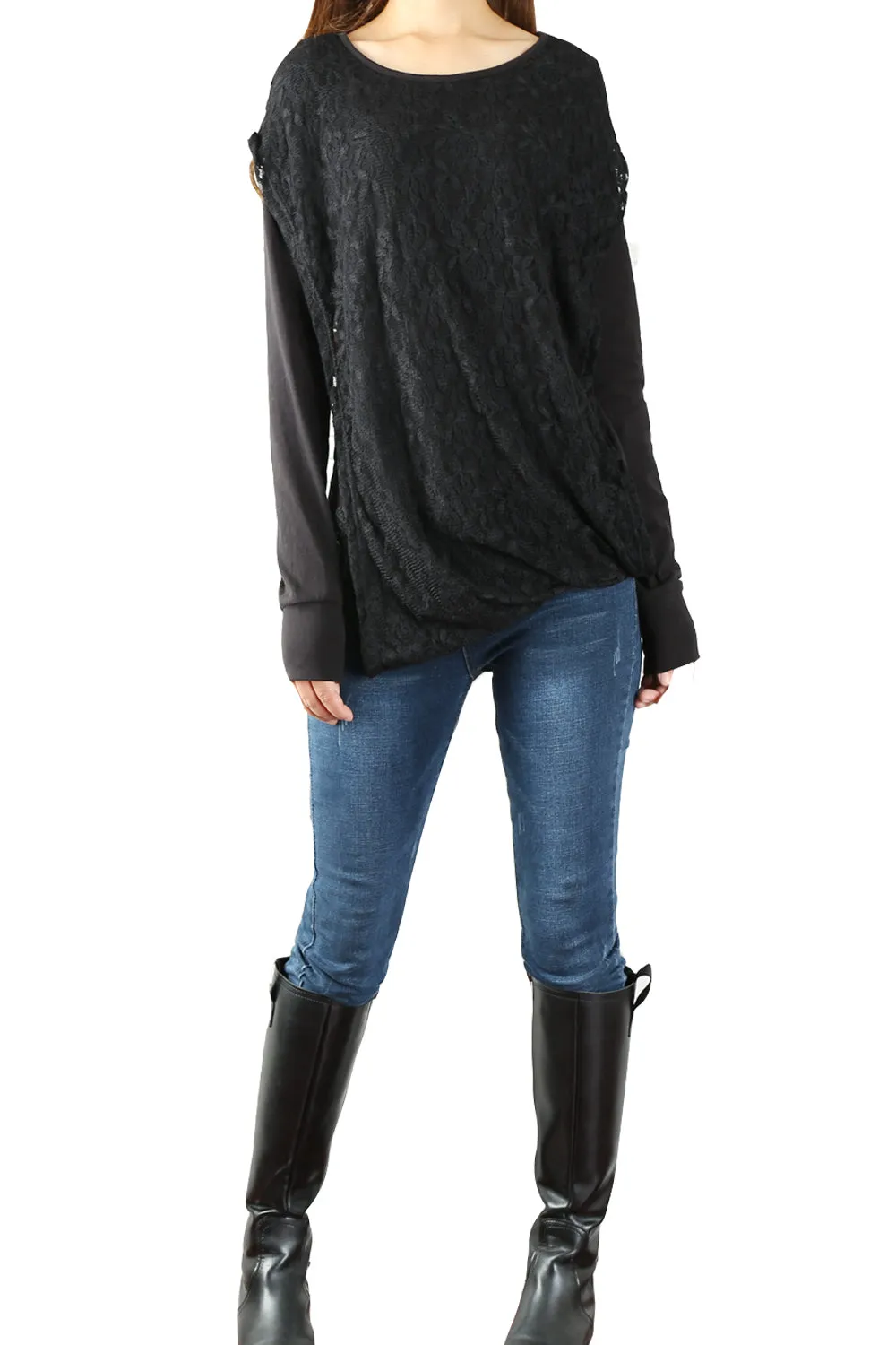 Womens Lace Cotton Hoodie/cotton Top/Oversized Plus size Sweatshirt/Casual Top/Customized T-shirt/Asymmetry clothing/Boho t-shirt/Long Sleeve Shirt(Y3118S)