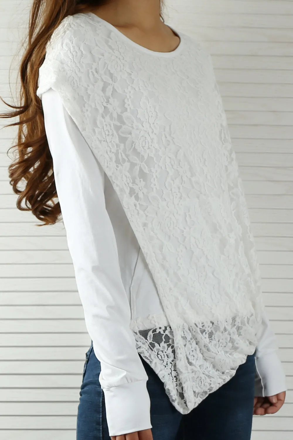 Womens Lace Cotton Hoodie/cotton Top/Oversized Plus size Sweatshirt/Casual Top/Customized T-shirt/Asymmetry clothing/Boho t-shirt/Long Sleeve Shirt(Y3118S)