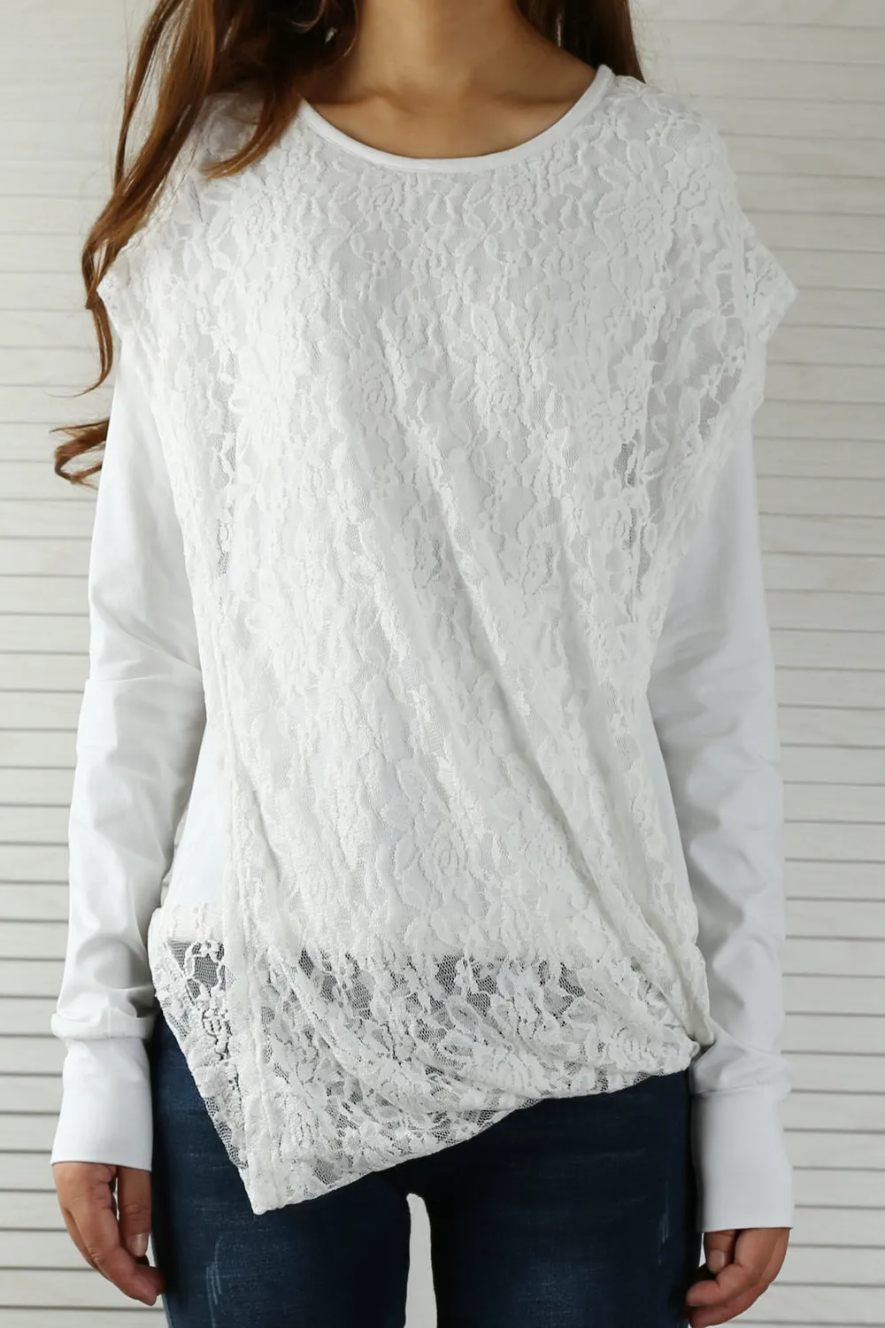 Womens Lace Cotton Hoodie/cotton Top/Oversized Plus size Sweatshirt/Casual Top/Customized T-shirt/Asymmetry clothing/Boho t-shirt/Long Sleeve Shirt(Y3118S)