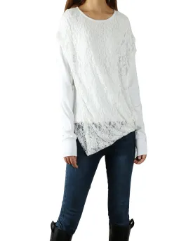 Womens Lace Cotton Hoodie/cotton Top/Oversized Plus size Sweatshirt/Casual Top/Customized T-shirt/Asymmetry clothing/Boho t-shirt/Long Sleeve Shirt(Y3118S)
