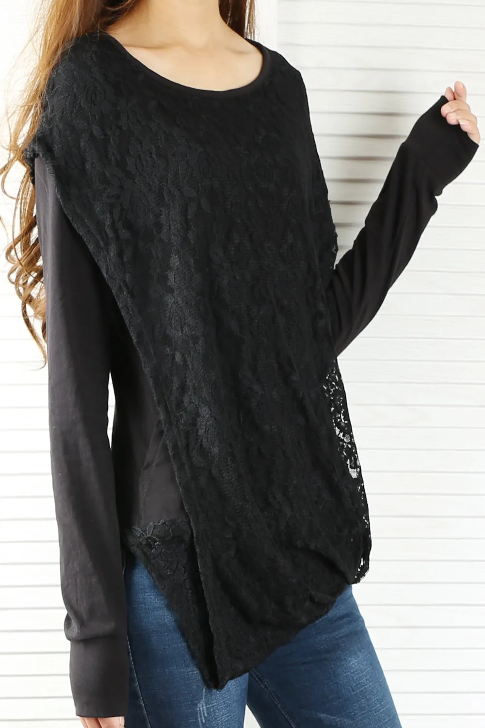Womens Lace Cotton Hoodie/cotton Top/Oversized Plus size Sweatshirt/Casual Top/Customized T-shirt/Asymmetry clothing/Boho t-shirt/Long Sleeve Shirt(Y3118S)