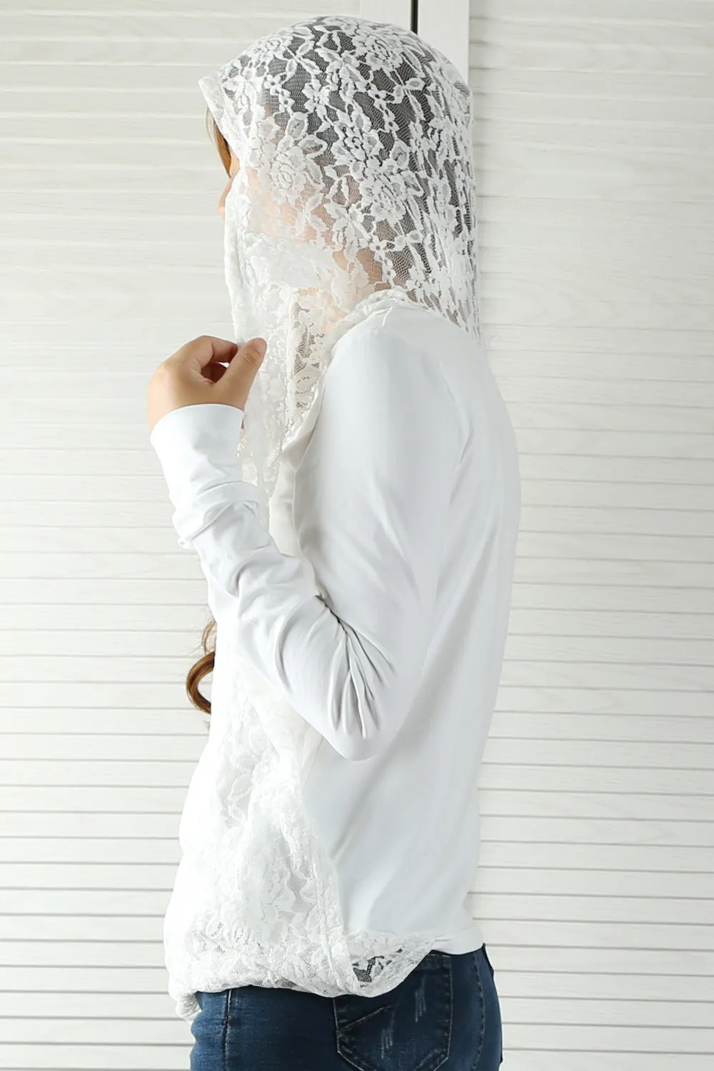 Womens Lace Cotton Hoodie/cotton Top/Oversized Plus size Sweatshirt/Casual Top/Customized T-shirt/Asymmetry clothing/Boho t-shirt/Long Sleeve Shirt(Y3118S)