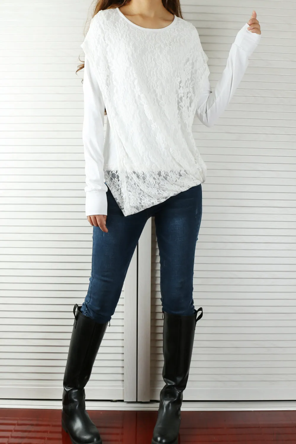 Womens Lace Cotton Hoodie/cotton Top/Oversized Plus size Sweatshirt/Casual Top/Customized T-shirt/Asymmetry clothing/Boho t-shirt/Long Sleeve Shirt(Y3118S)