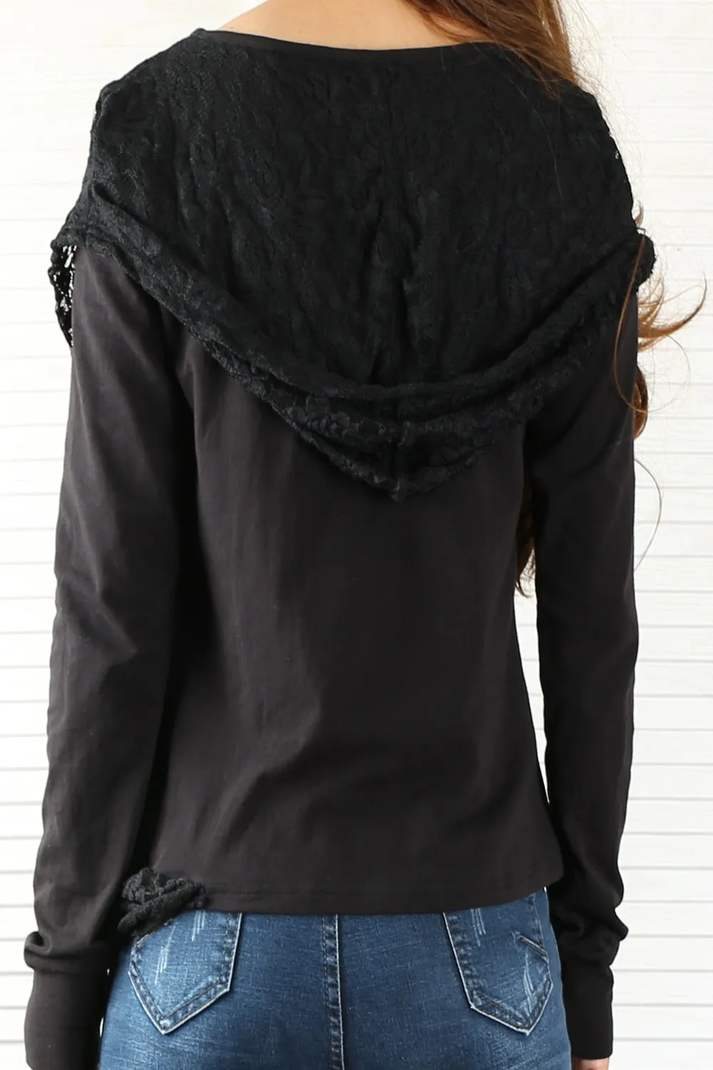 Womens Lace Cotton Hoodie/cotton Top/Oversized Plus size Sweatshirt/Casual Top/Customized T-shirt/Asymmetry clothing/Boho t-shirt/Long Sleeve Shirt(Y3118S)