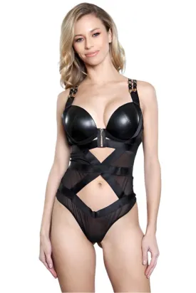 Womens Maleni Faux Leather Teddy Bodysuit