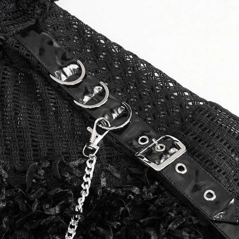 Women's Punk Distressed Sheer Sweater with Hood and Chain