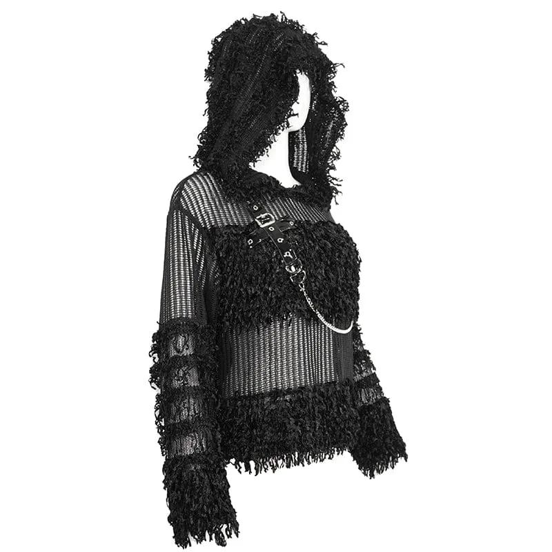Women's Punk Distressed Sheer Sweater with Hood and Chain