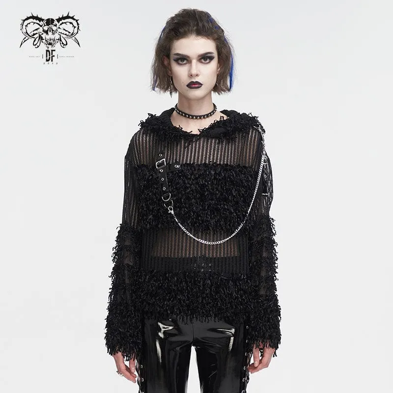 Women's Punk Distressed Sheer Sweater with Hood and Chain