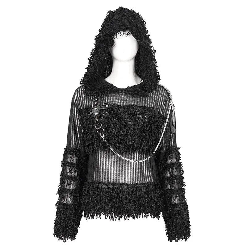 Women's Punk Distressed Sheer Sweater with Hood and Chain