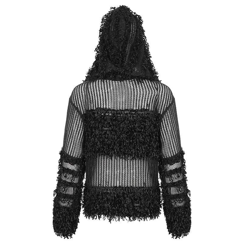 Women's Punk Distressed Sheer Sweater with Hood and Chain