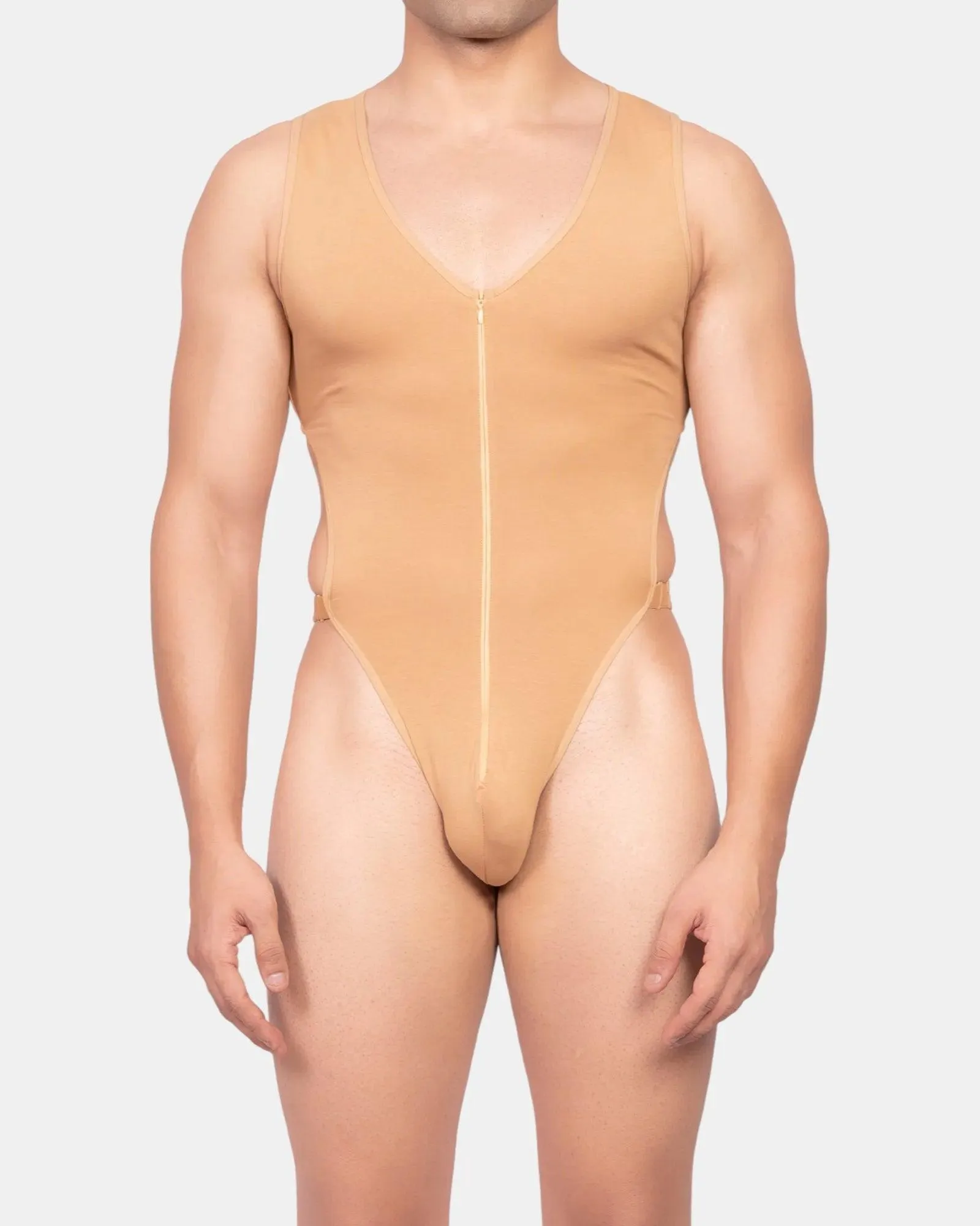 Zipper Frontline Bodysuit | Tan